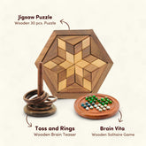 Toss & Ring, 30 PCS Jigsaw Puzzle & Brain Vita Combo Pack for Kids | Classic Toss Game for Coordination and Brain-Teasing Jigsaw & Brain Vita Puzzle, Crafted from Sheesham Wood